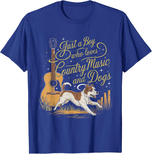 Just A Boy Who Loves Country Music And Dogs T-Shirt - T-Shirt | Royal