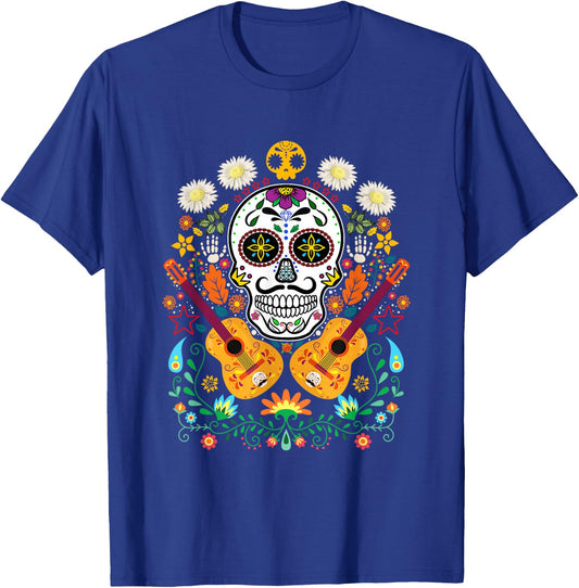 Flower Guitar Skull Day of the Dead Gifts Mariachi T-Shirt - T-Shirt | Royal