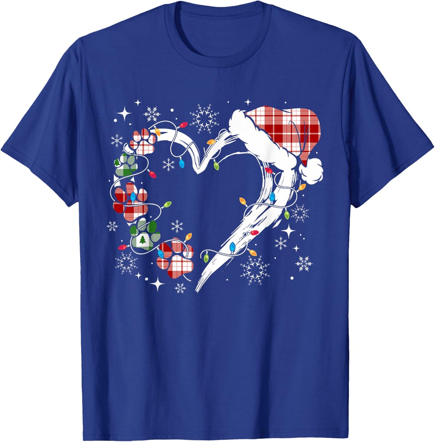 Dog Paw Print Heart Santa Hat Christmas Lights Animal Lover T-Shirt - T-Shirt | Royal