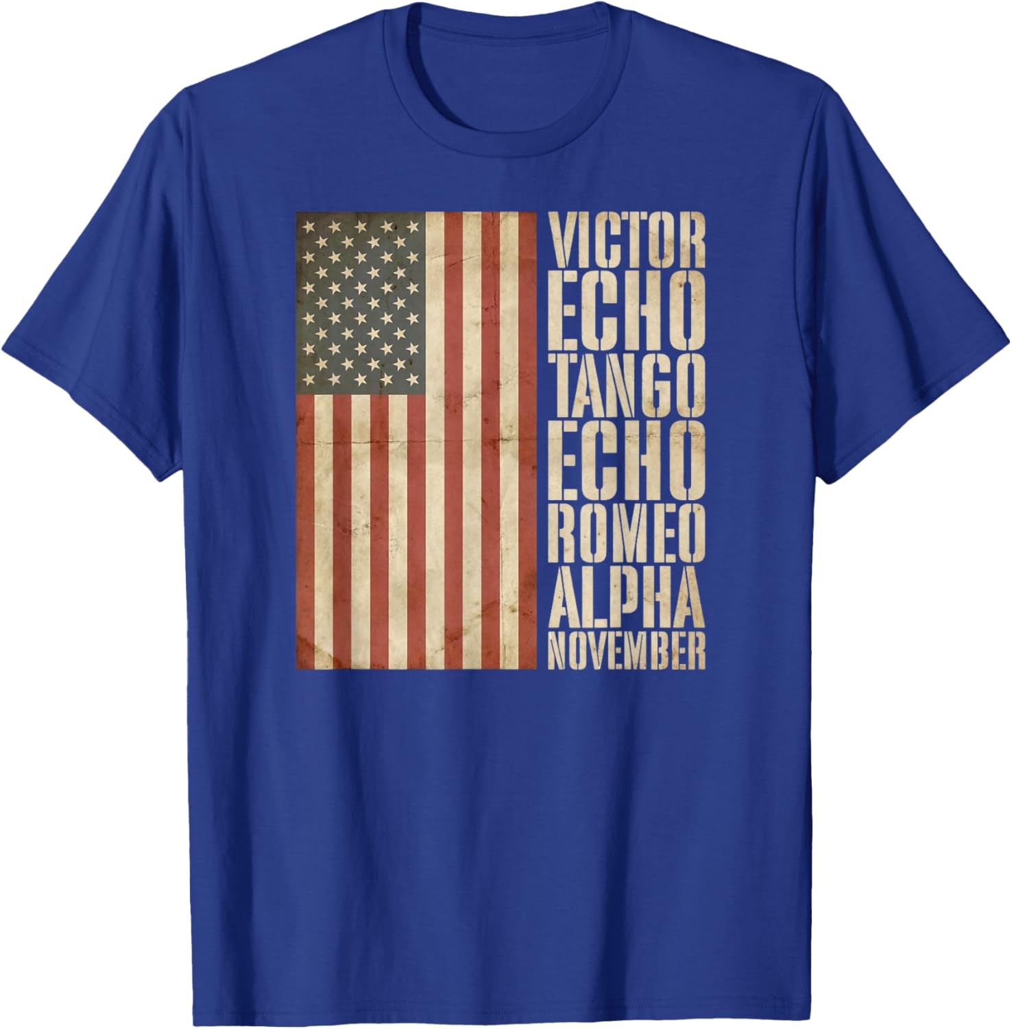 Veteran Military Alphabet American Flag Aged T-Shirt - T-Shirt | Royal