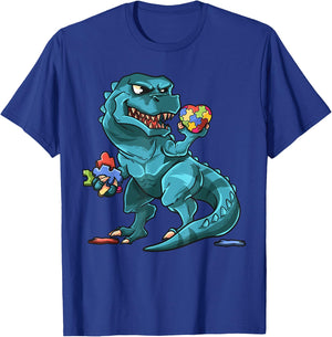 Autism Awareness Dinosaur Shirt | T-Rex Heart Puzzle Pieces T-Shirt - T-Shirt | Royal