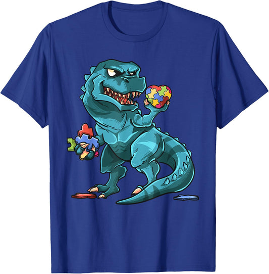Autism Awareness Dinosaur Shirt | T-Rex Heart Puzzle Pieces T-Shirt - T-Shirt | Royal