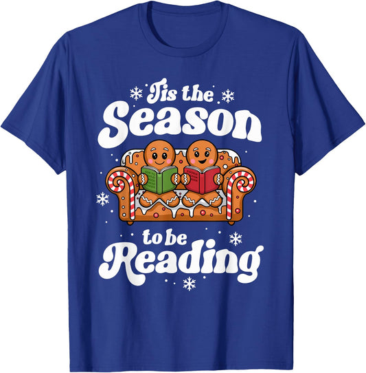 Christmas Book Lover Gingerbread Library Reading Bookaholic T-Shirt - T-Shirt | Royal
