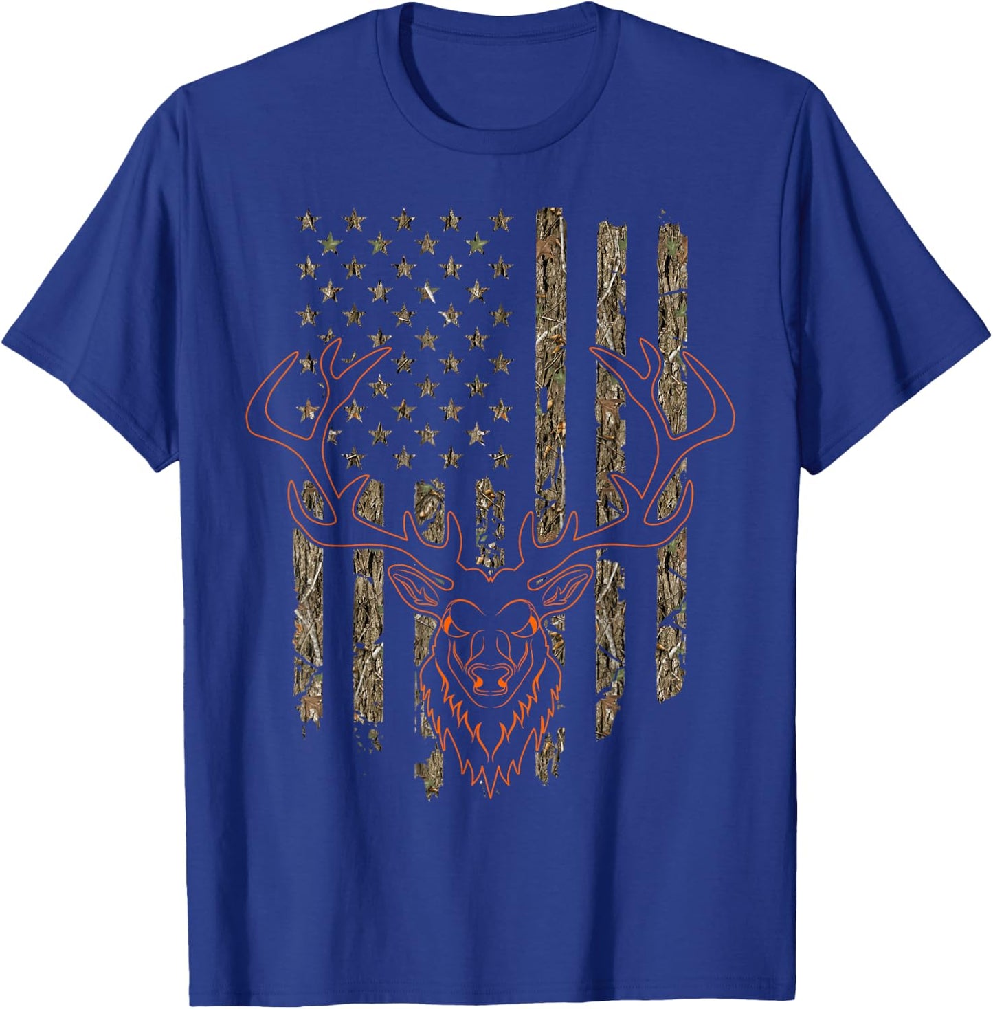 Mule Deer Stag Hunting Tree Forest Camouflage American Flag T-Shirt - T-Shirt | Royal