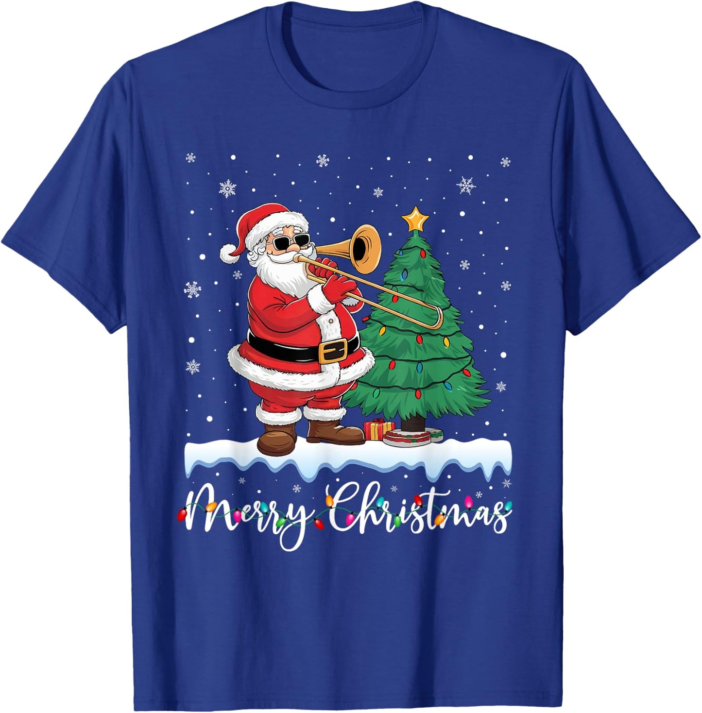 Merry Christmas Lights Santa Playing Trombone Ugly Xmas T-Shirt - T-Shirt | Royal