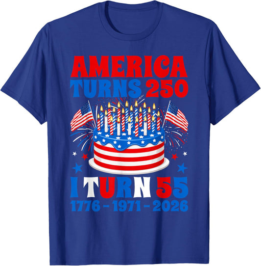 America Turns 250 I Turn 55 250th Anniversary 55th Birthday T-Shirt - T-Shirt | Royal