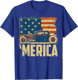 American Flag Hot Rod Custom Car Merica 4th of July T-Shirt - T-Shirt | Royal
