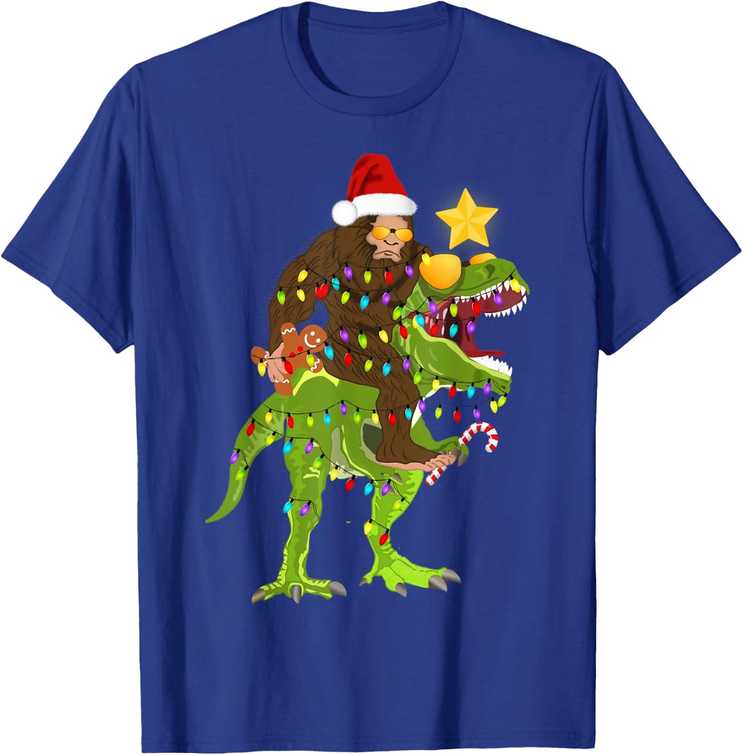 Xmas Tree Rex Yeti Bigfoot Sasquatch Riding Dinosaur T Rex T-Shirt - T-Shirt | Royal
