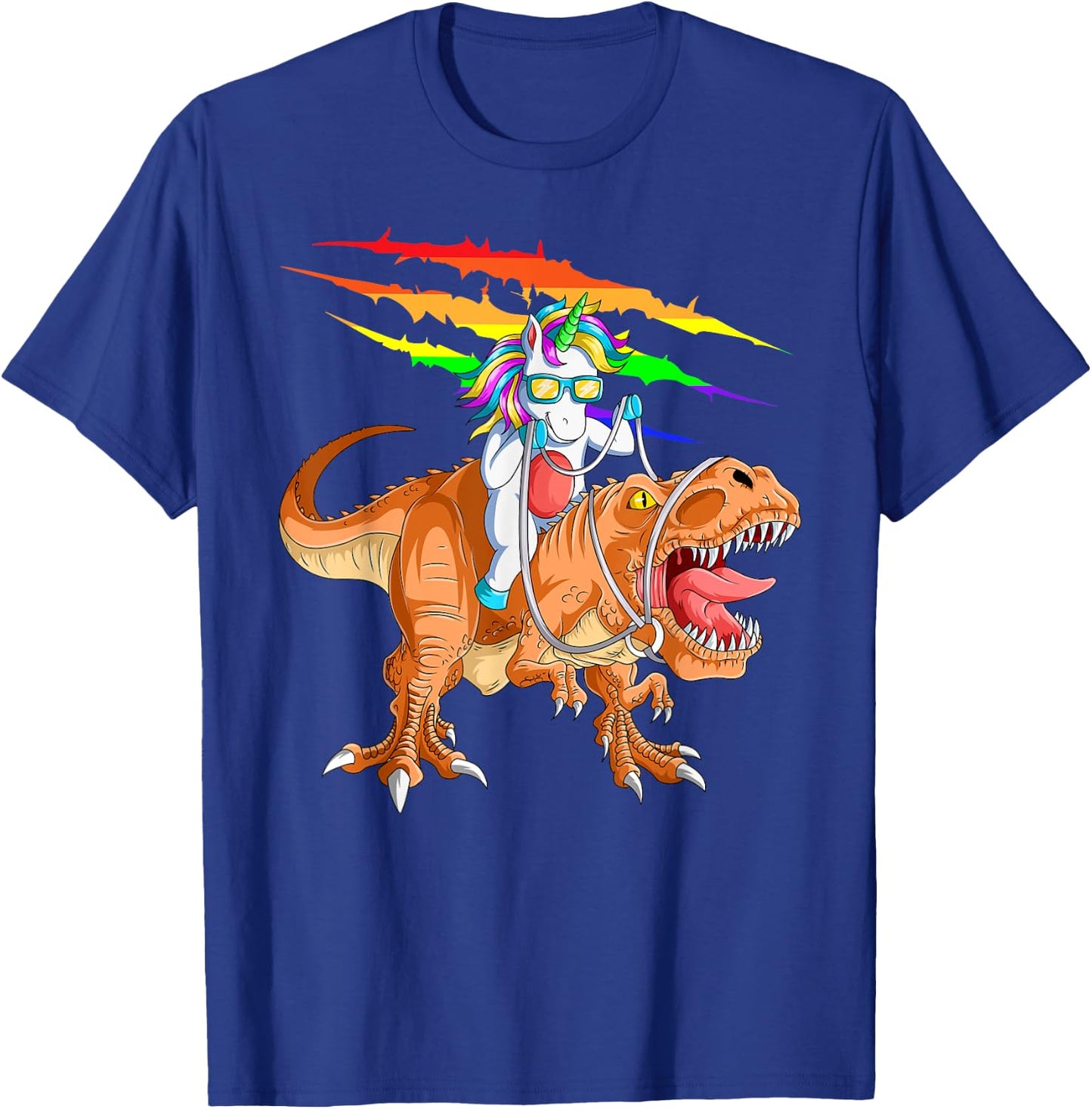Unicorn Riding T-Rex Dinosaur For Kids Boys Girls Men Women T-Shirt - T-Shirt | Royal