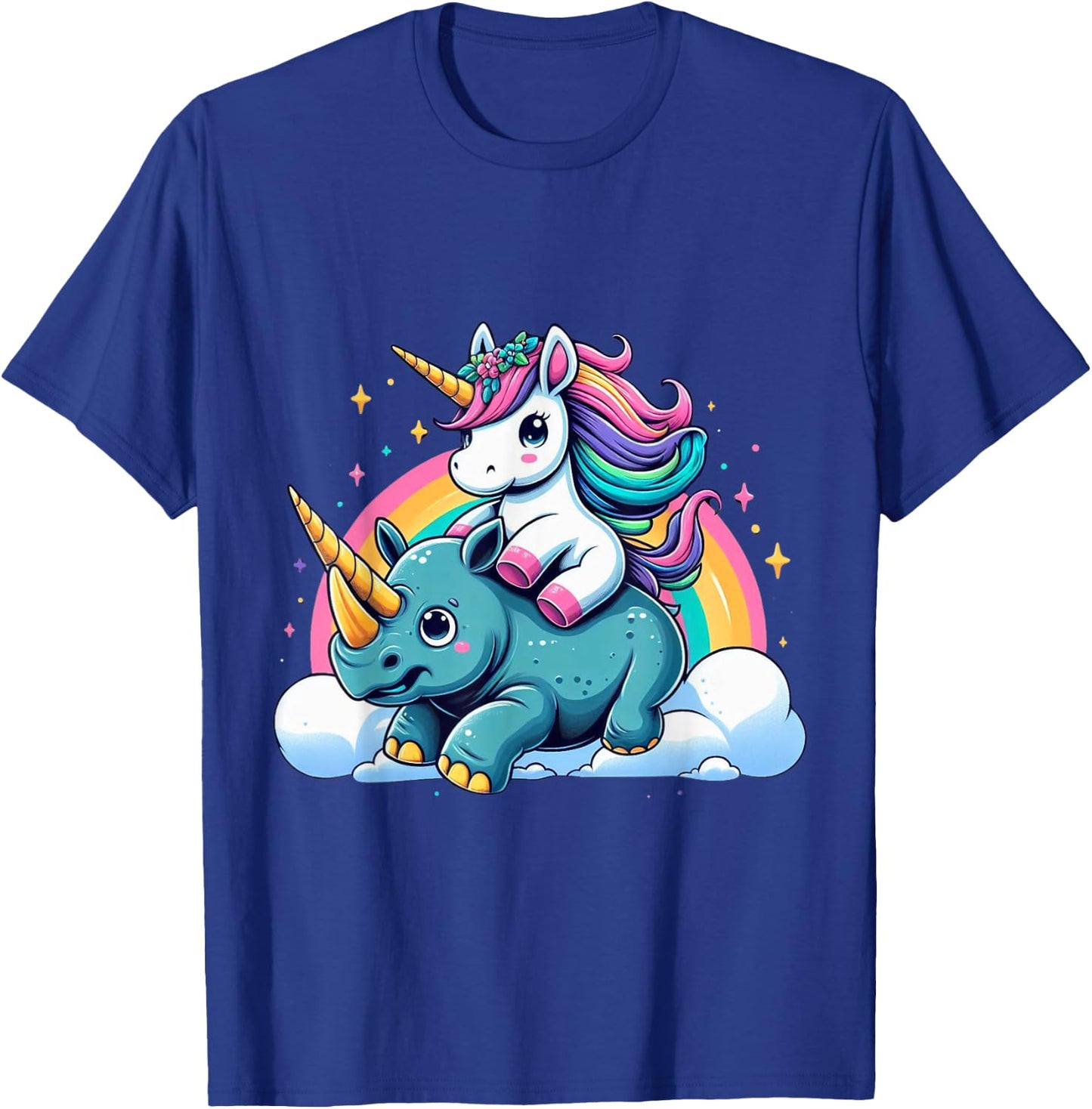 Unicorn Riding Rhino Boys Girls Men Women Kids Rainbow T-Shirt - T-Shirt | Royal