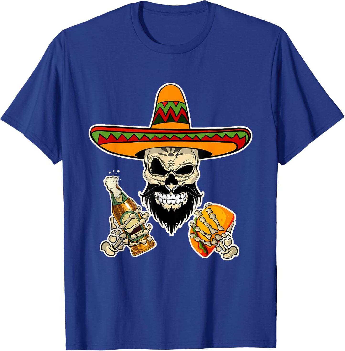 Mexican Sugar Skull with Tacos and Beer Funny T-Shirt - T-Shirt | Royal