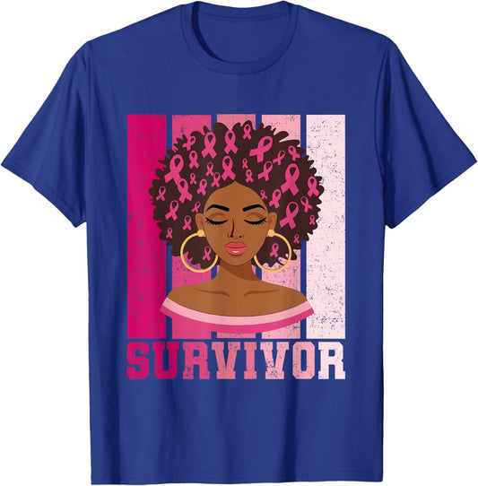 Black Woman Pink Ribbon October Breast Cancer Survivor T-Shirt - T-Shirt | Royal