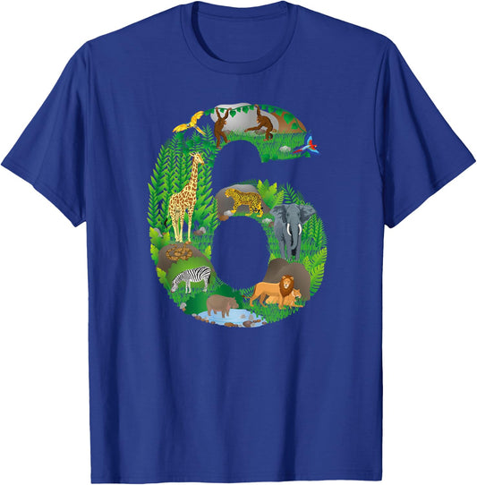 Safari Jungle Zoo animals Sixth Birthday number 6 T-Shirt - T-Shirt | Royal