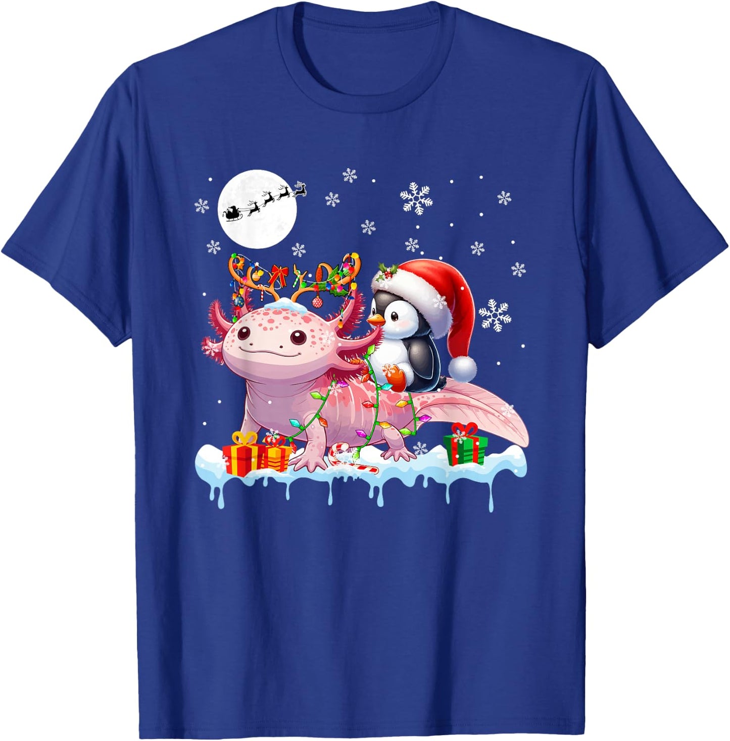 Santa Penguin Riding Axolotl Reindeer Christmas Sea Animal T-Shirt - T-Shirt | Royal