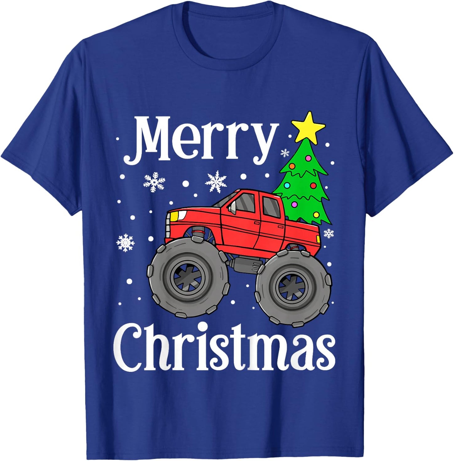 Kids Boys Monster Truck Merry Christmas Tree Snowflakes Toddler T-Shirt - T-Shirt | Royal