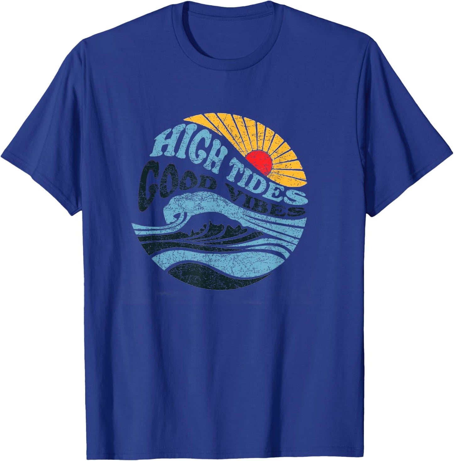 High Tides Good Vibes - Vintage Wave and Palm Tree T-Shirt - T-Shirt | Royal