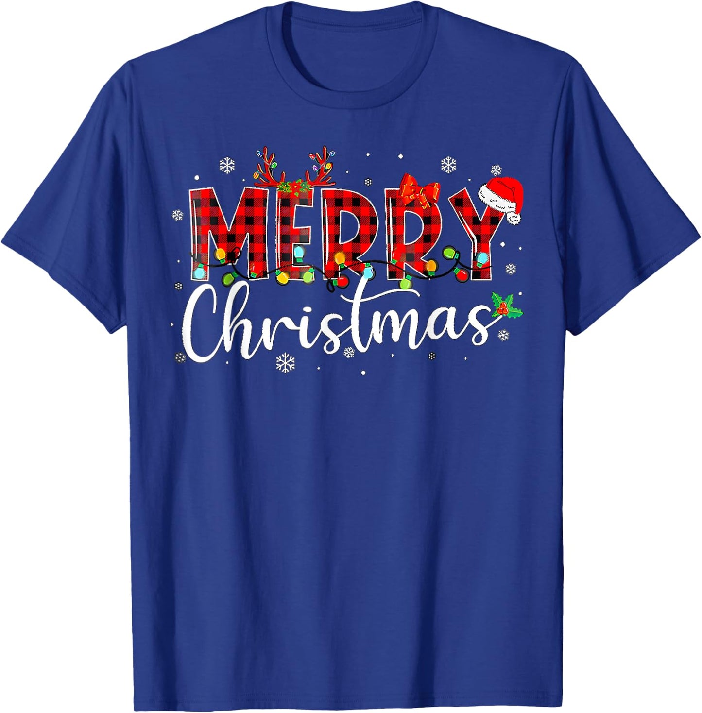 Merry Christmas Buffalo Plaid Red Santa Hat Xmas Pajamas T-Shirt - T-Shirt | Royal