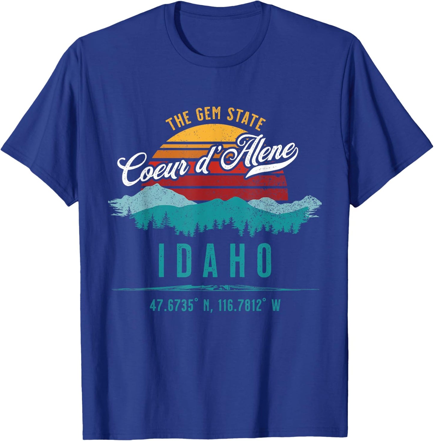 Retro Coeur d'Alene Idaho Mountains Sun Vintage Souvenir T-Shirt - T-Shirt | Royal