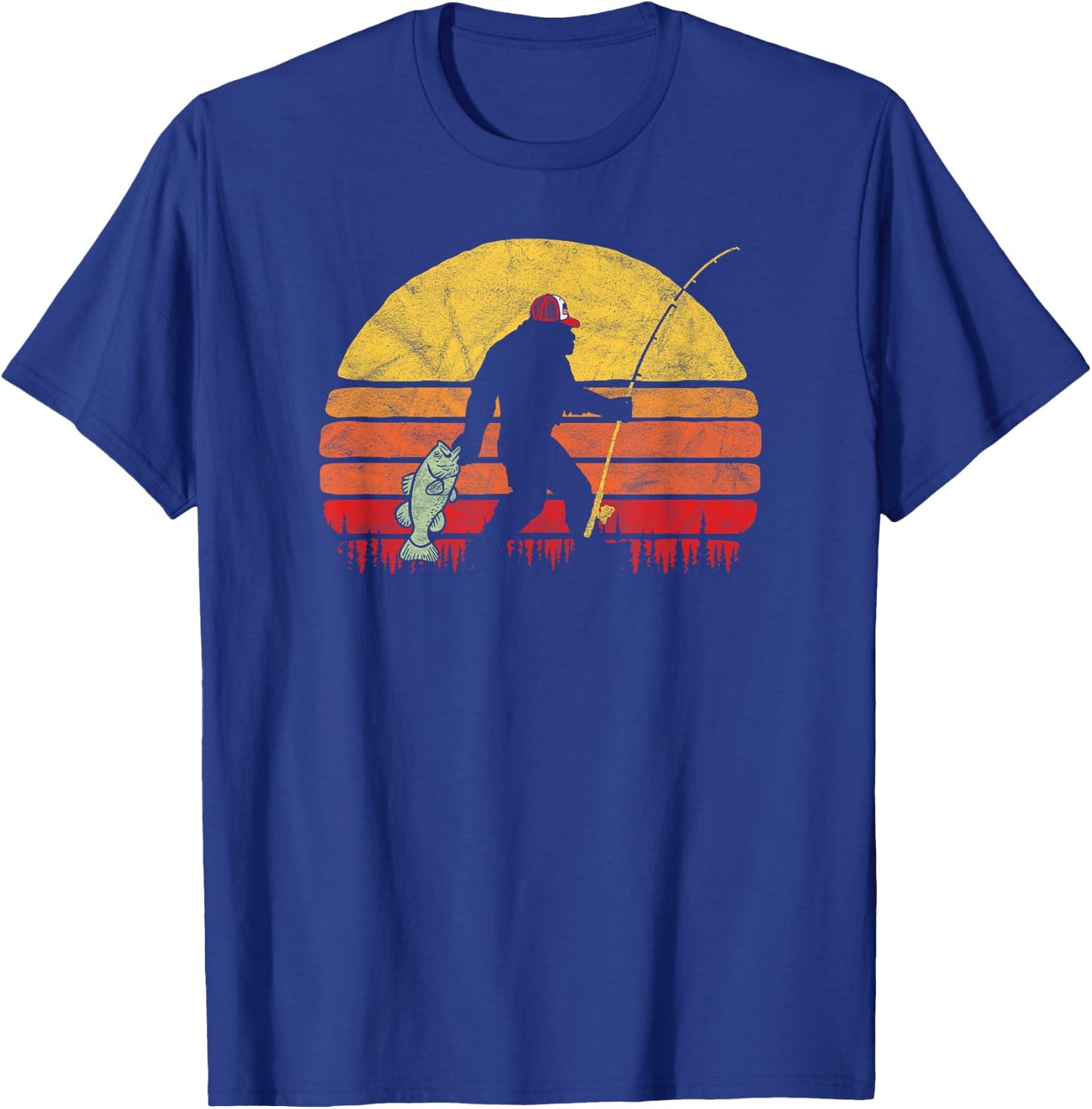 Bass Fishing Funny Bigfoot in Trucker Hat Retro Graphic T-Shirt - T-Shirt | Royal