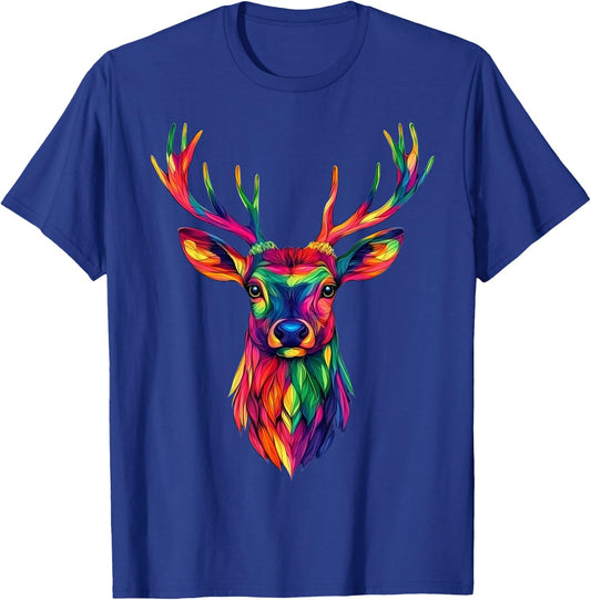Colorful Stag Deer Head Wild Animal Lover Men Women Black T-Shirt - T-Shirt | Royal