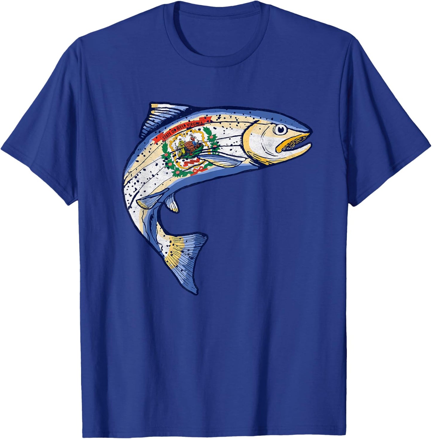 Retro West Virginia Flag Trout Vintage Fly Fishing Graphic T-Shirt - T-Shirt | Royal