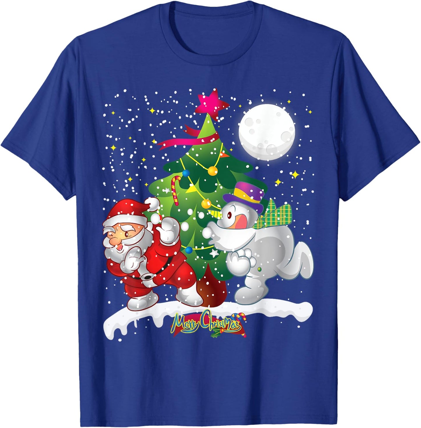 Santa Claus Snowman Tree Balls Funny Merry Christmas T-Shirt - T-Shirt | Royal