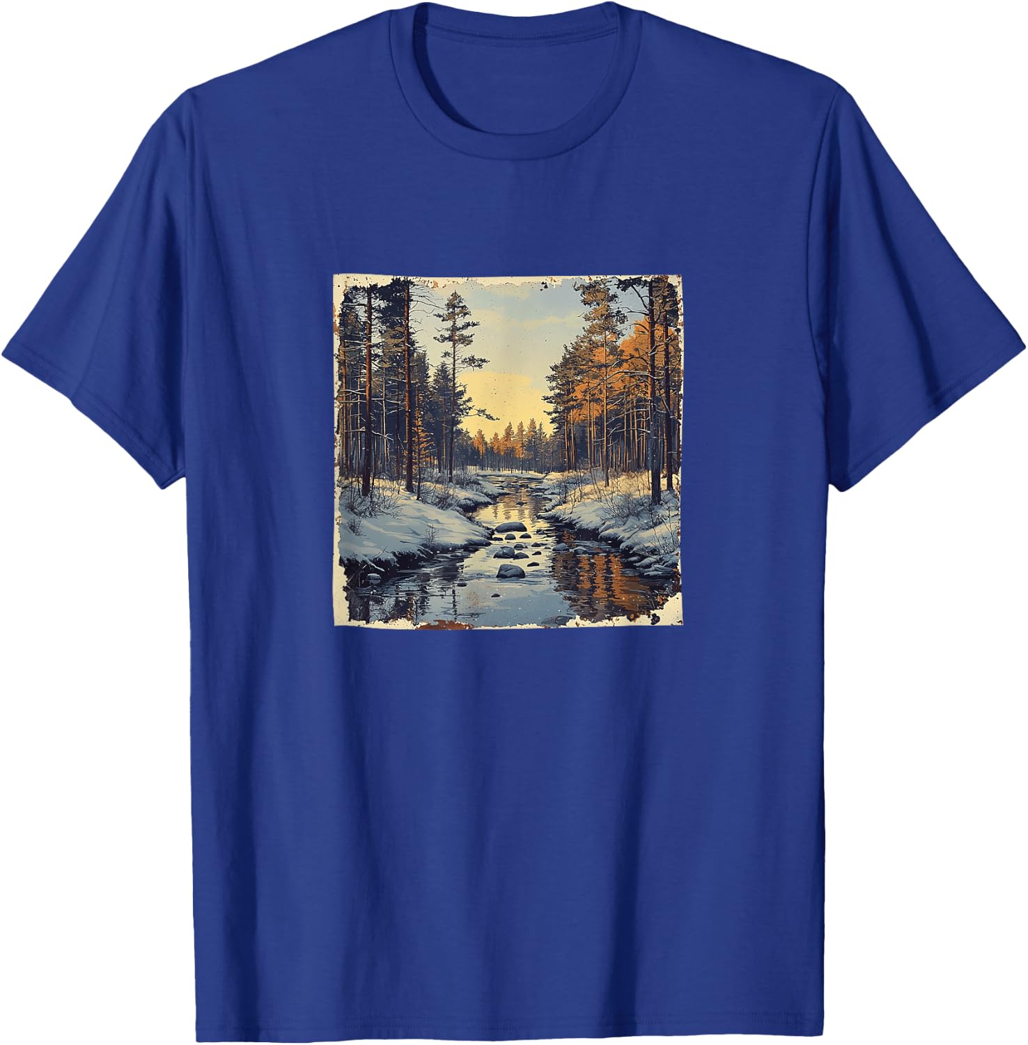 River In Winter Forest Vintage Landscape Graphic T-Shirt - T-Shirt | Royal