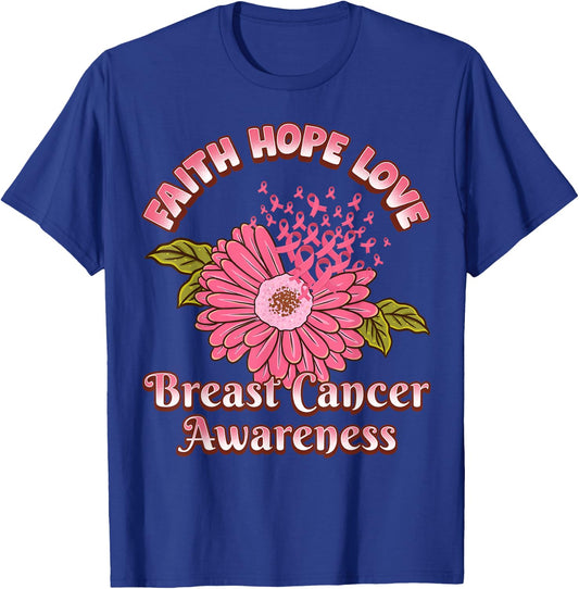 Faith Hope Love Breast Cancer Awareness Flower Pink Ribbon T-Shirt - T-Shirt | Royal