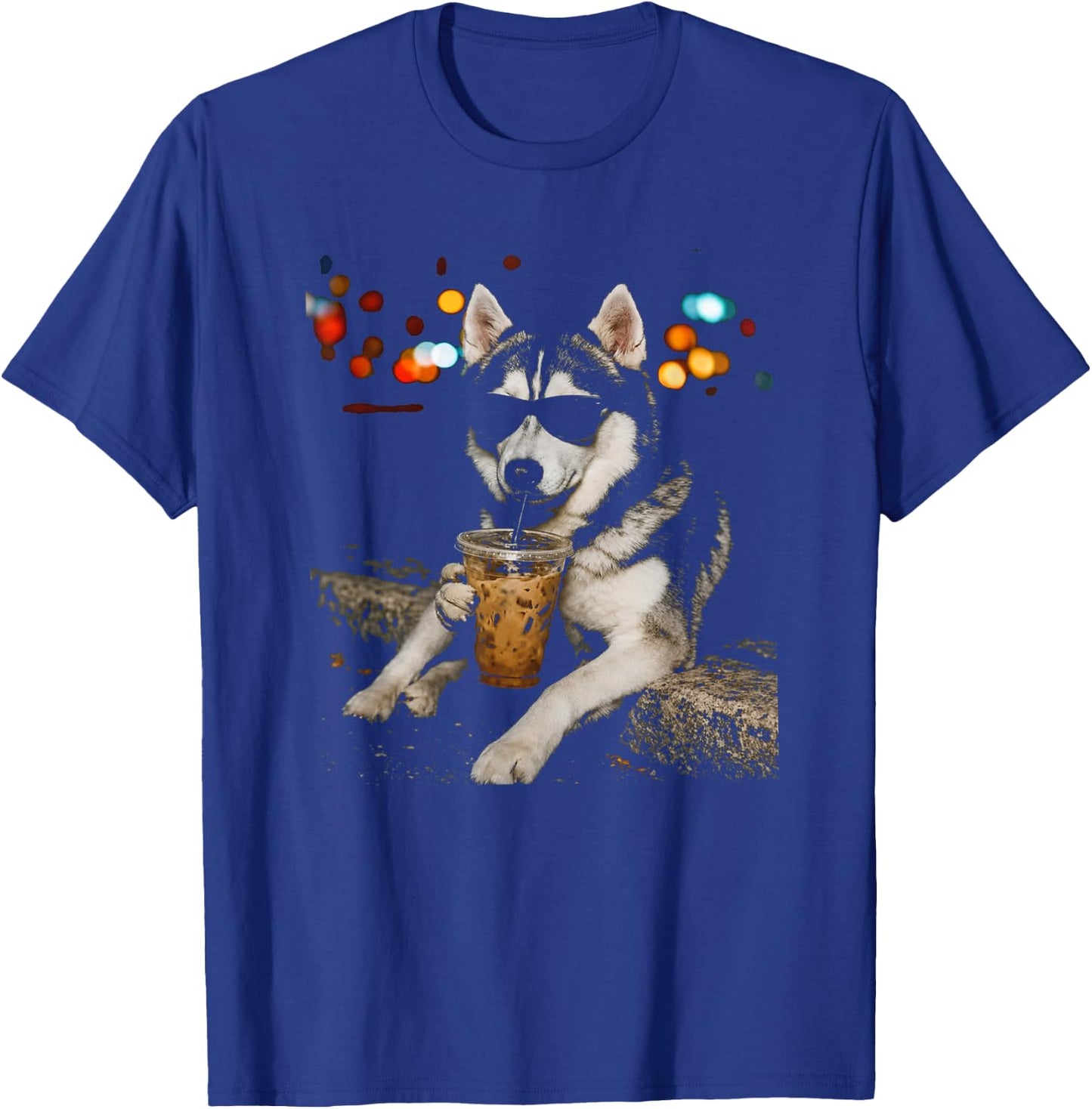 Funny Husky Drinking Iced Coffee Cool Dog Art T-Shirt - T-Shirt | Royal
