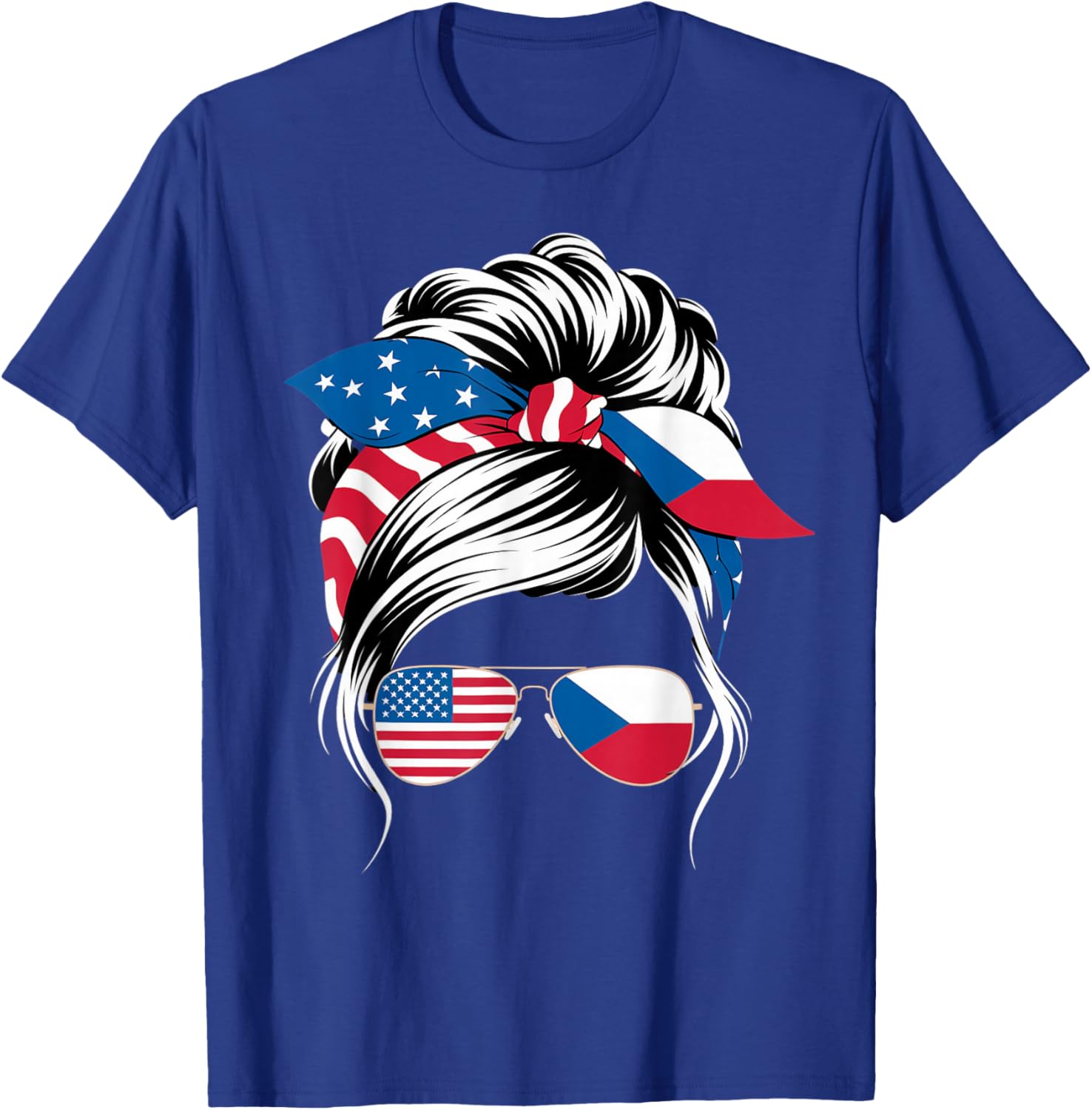 Messy Hair Bun USA Czech Republic Flag Czech Roots Czech T-Shirt - T-Shirt | Royal