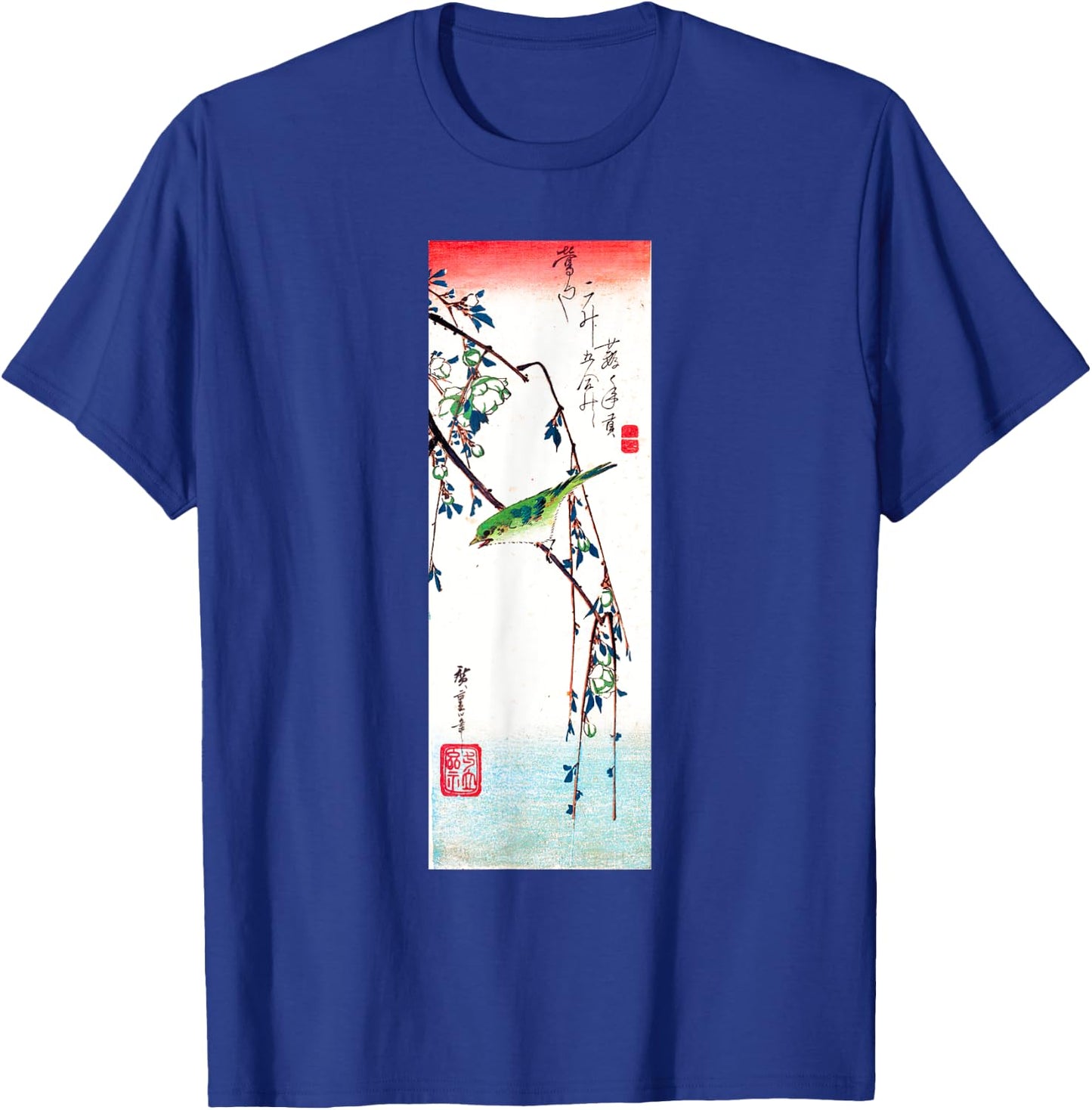 Japanese Art, Hiroshige Woodblock Art Design Warbler T-Shirt - T-Shirt | Royal
