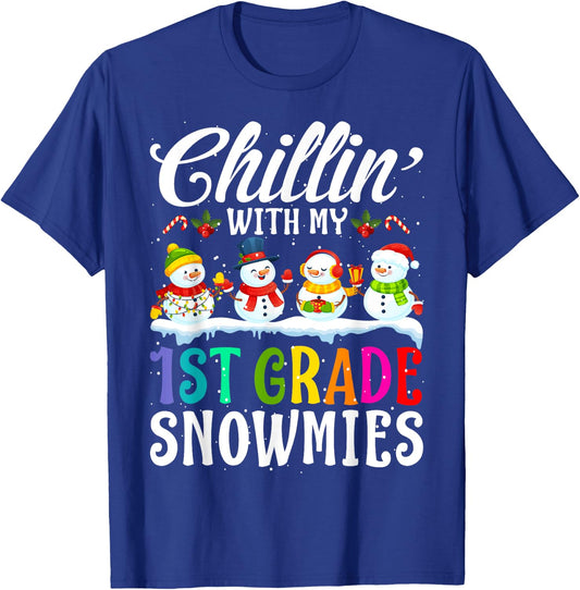 Chillin' With My 1st Grade Snowmies Teacher Xmas Gifts Women Kids T-Shirt - T-Shirt | Royal