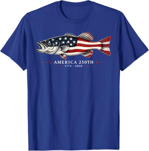 250 Years America 1776 2026 Fishing USA Flag 250th Birthday T-Shirt - T-Shirt | Royal