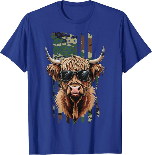 Highland Cow Camo American Flag, Patriotic Highland Cow T-Shirt - T-Shirt | Royal