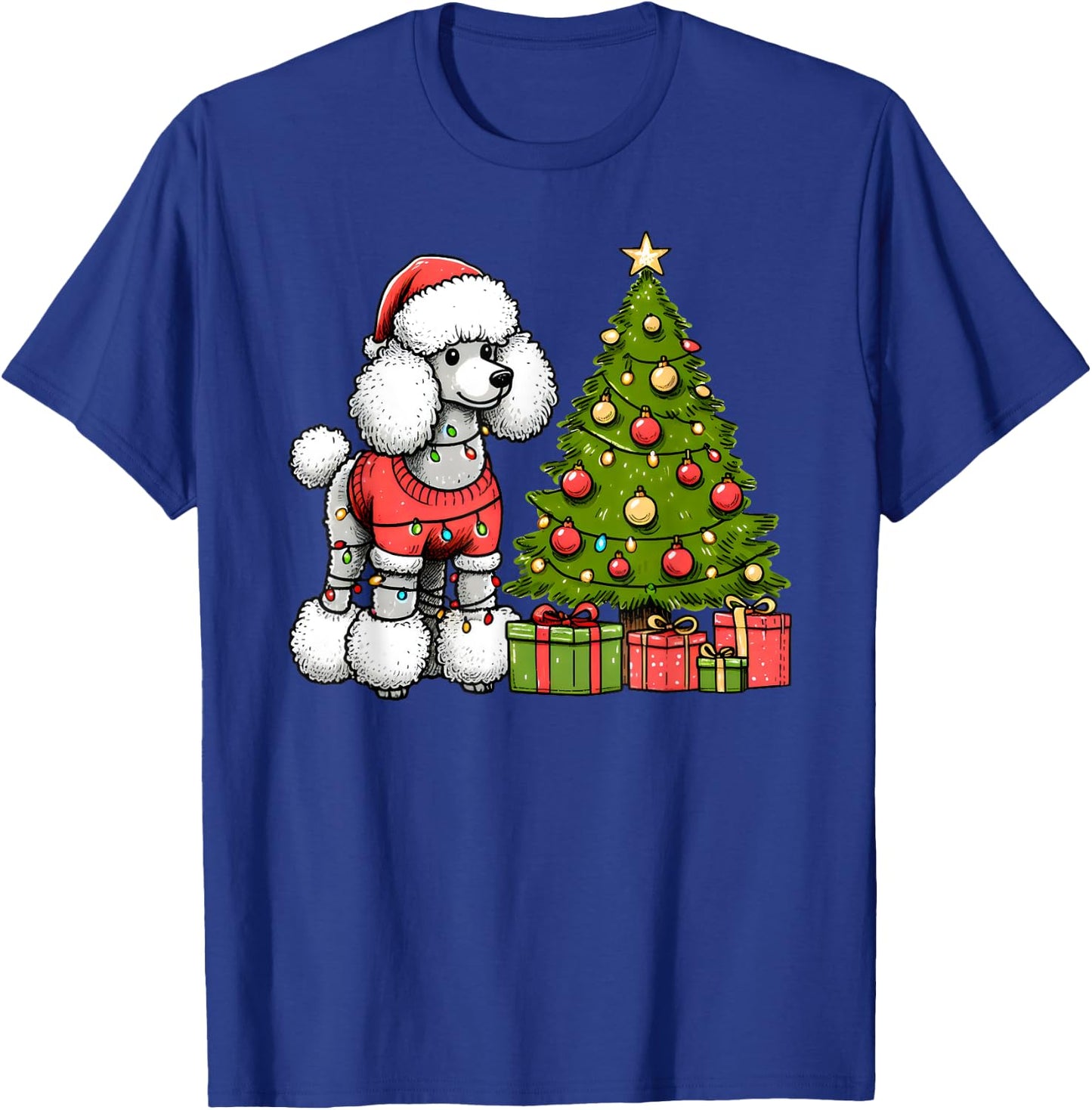 Merry Christmas Poodle Santa Christmas Lights Dog Xmas Tree T-Shirt - T-Shirt | Royal