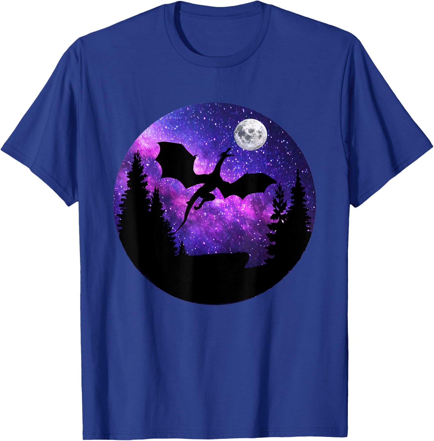 Dragon In Night Sky Full Moon Purple Galaxy Cosmic Art T-Shirt - T-Shirt | Royal