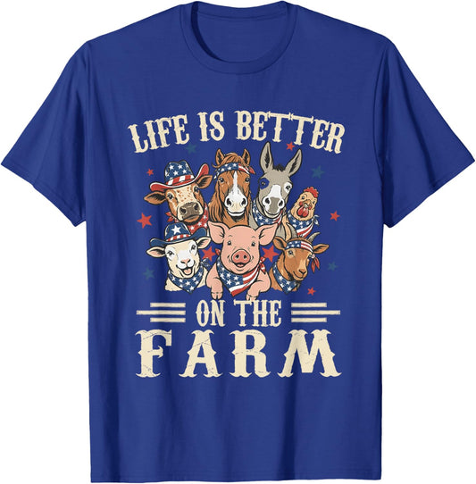 Life is Better on The Farm 4th of July Patriotic Animals T-Shirt - T-Shirt | Royal