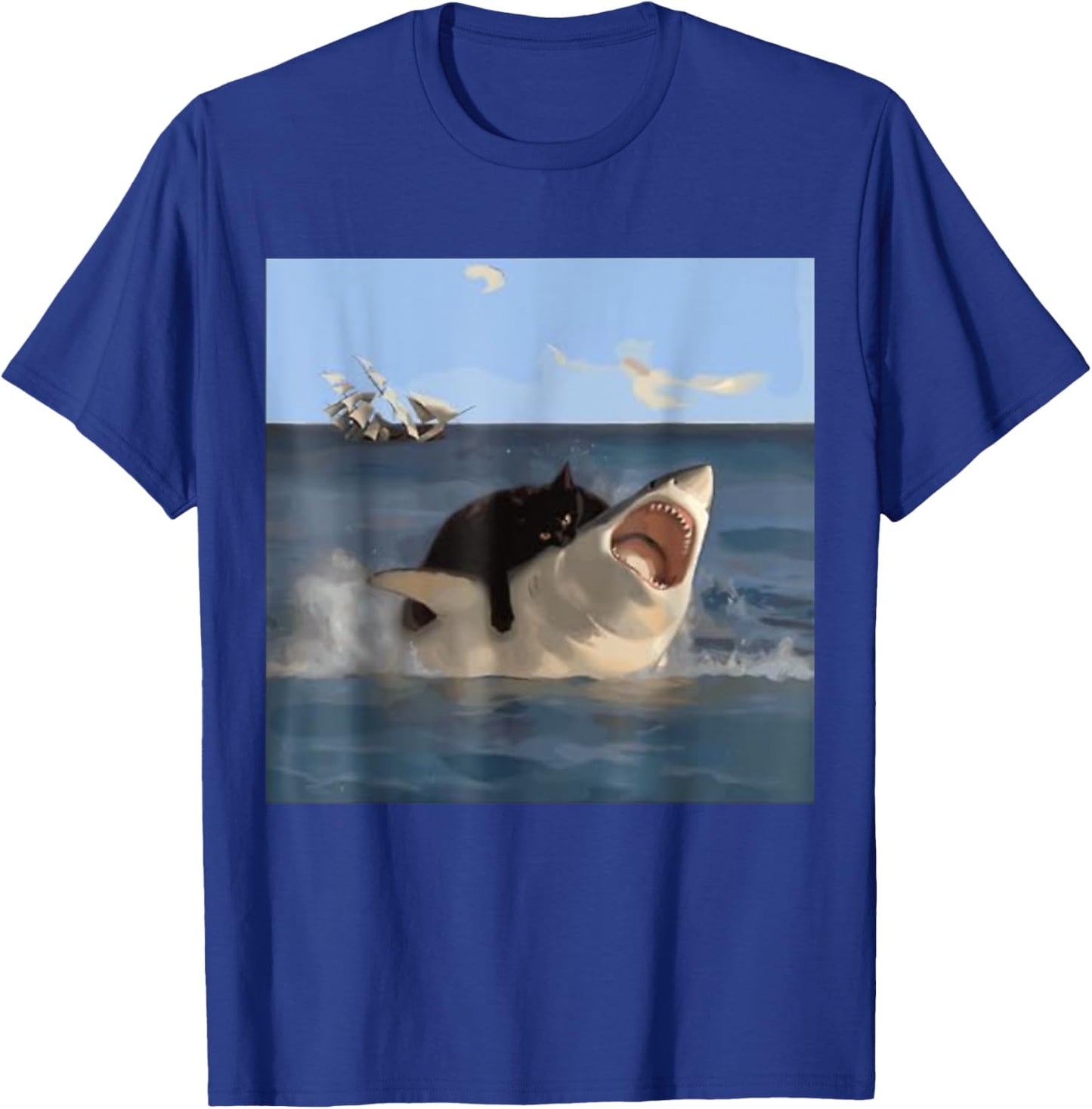 Cat Biting Shark Humorous Playful Funny Cat and Shark Men Women Kids T-Shirt - T-Shirt | Royal