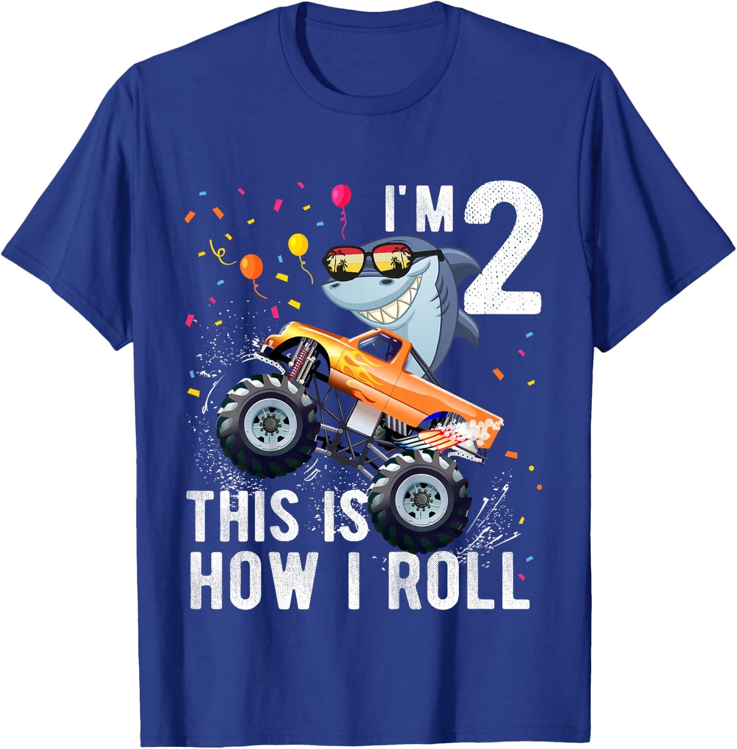 Shark Monster Truck 2nd Birthday Boys and Girls T-Shirt - T-Shirt | Royal