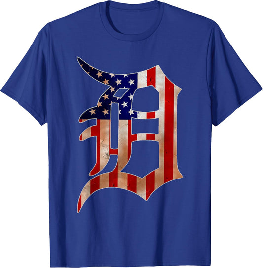 Detroit City American Flag Old English D T-Shirt - T-Shirt | Royal