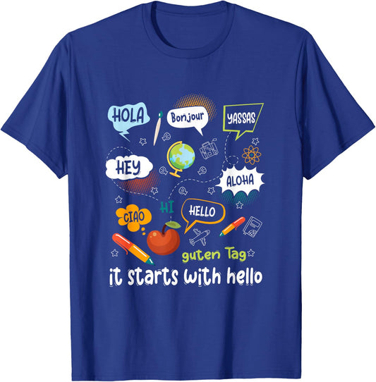 Friendship Inclusion Language Teacher It Starts With Hello T-Shirt - T-Shirt | Royal