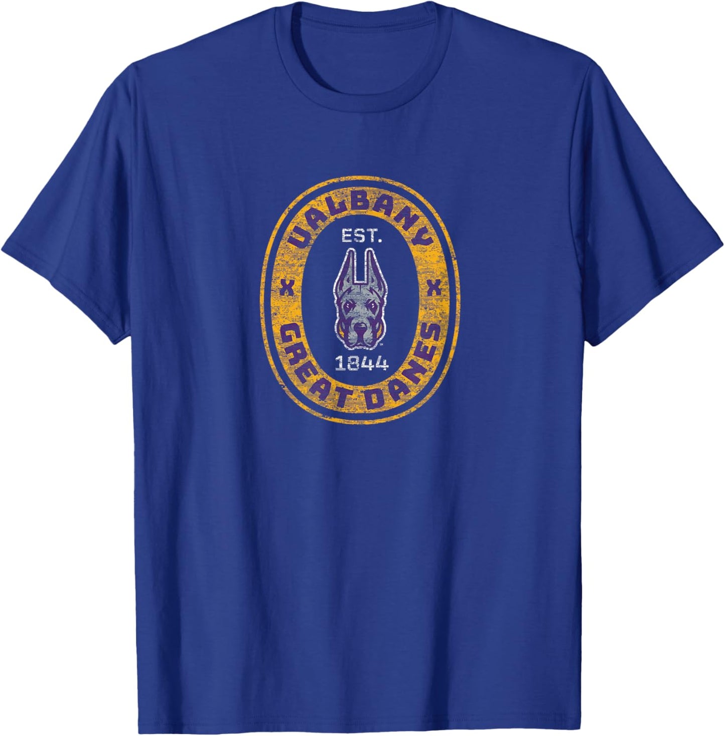 University at Albany Great Danes Retro Crest Seal T-Shirt - T-Shirt | Royal
