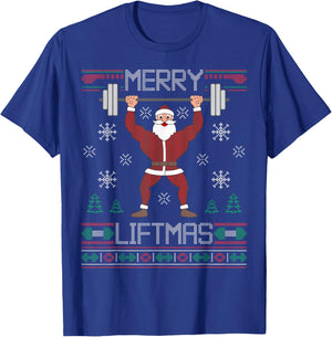 Merry Liftmas Ugly Christmas Sweater Santa Claus Gym Workout T-Shirt - T-Shirt | Royal