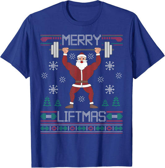 Merry Liftmas Ugly Christmas Sweater Santa Claus Gym Workout T-Shirt - T-Shirt | Royal