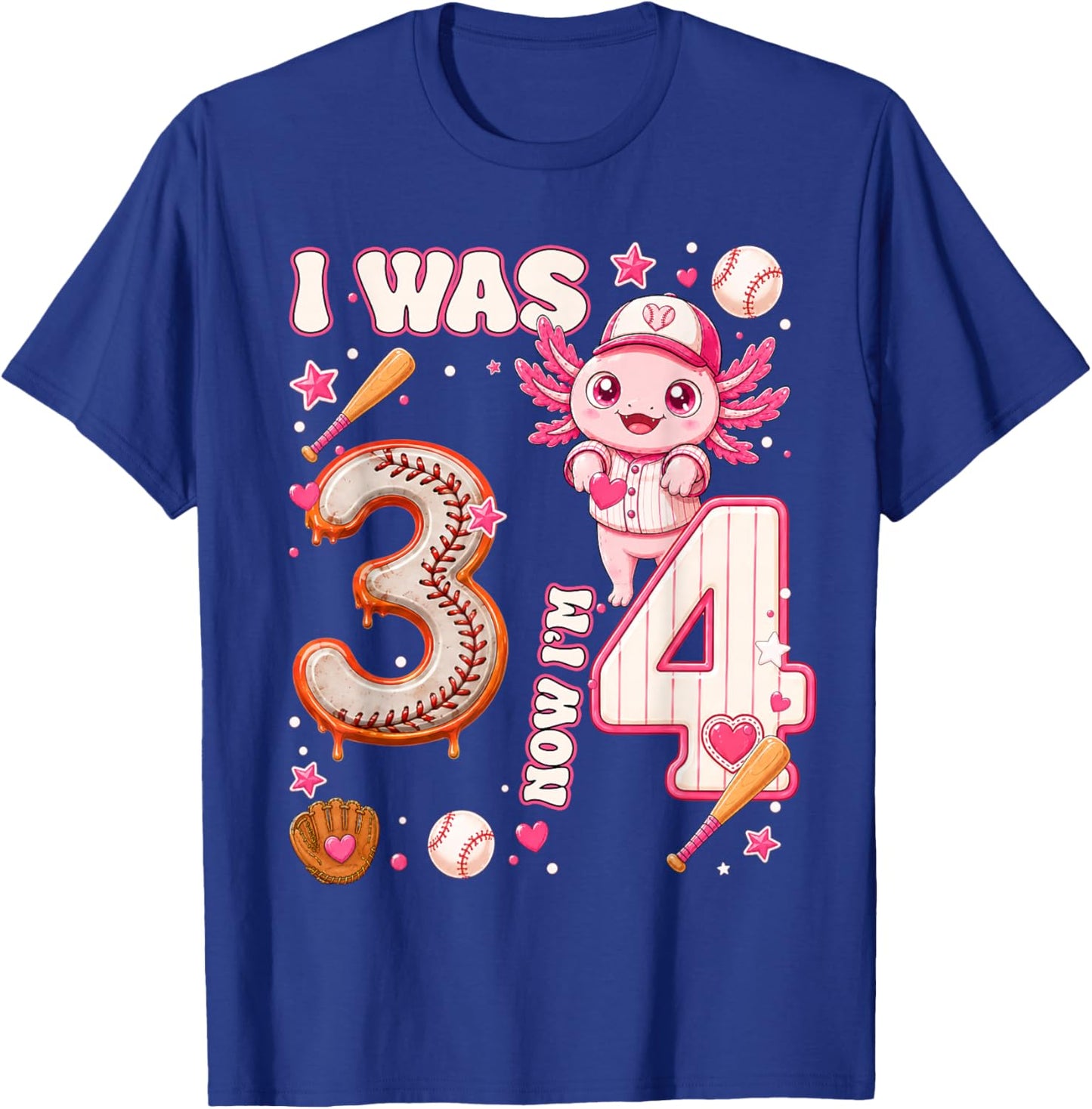 I was 3 Now I'm 4 Baseball Axolotl 4th Birthday Kids Party T-Shirt - T-Shirt | Royal