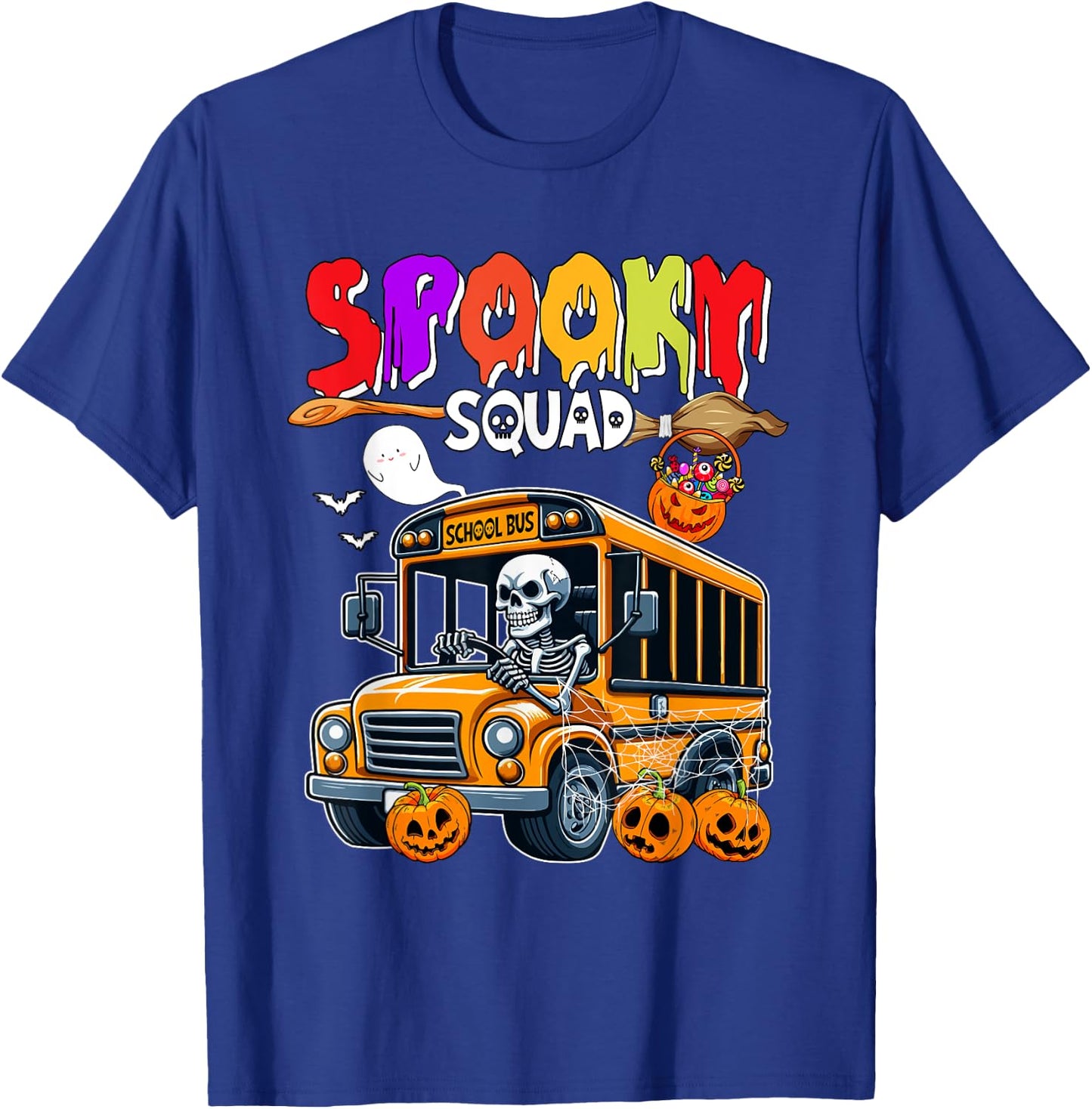 Spooky Halloween Squad Horror Skeleton Driving School Bus T-Shirt - T-Shirt | Royal