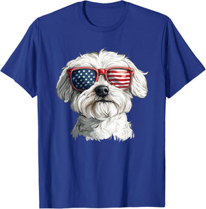 Patriotic Maltese USA Flag Sunglasses Dog Lover 4th Of July T-Shirt - T-Shirt | Royal