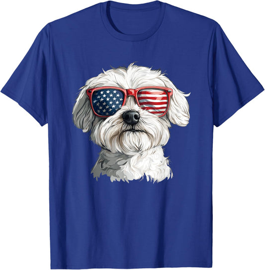 Patriotic Maltese USA Flag Sunglasses Dog Lover 4th Of July T-Shirt - T-Shirt | Royal