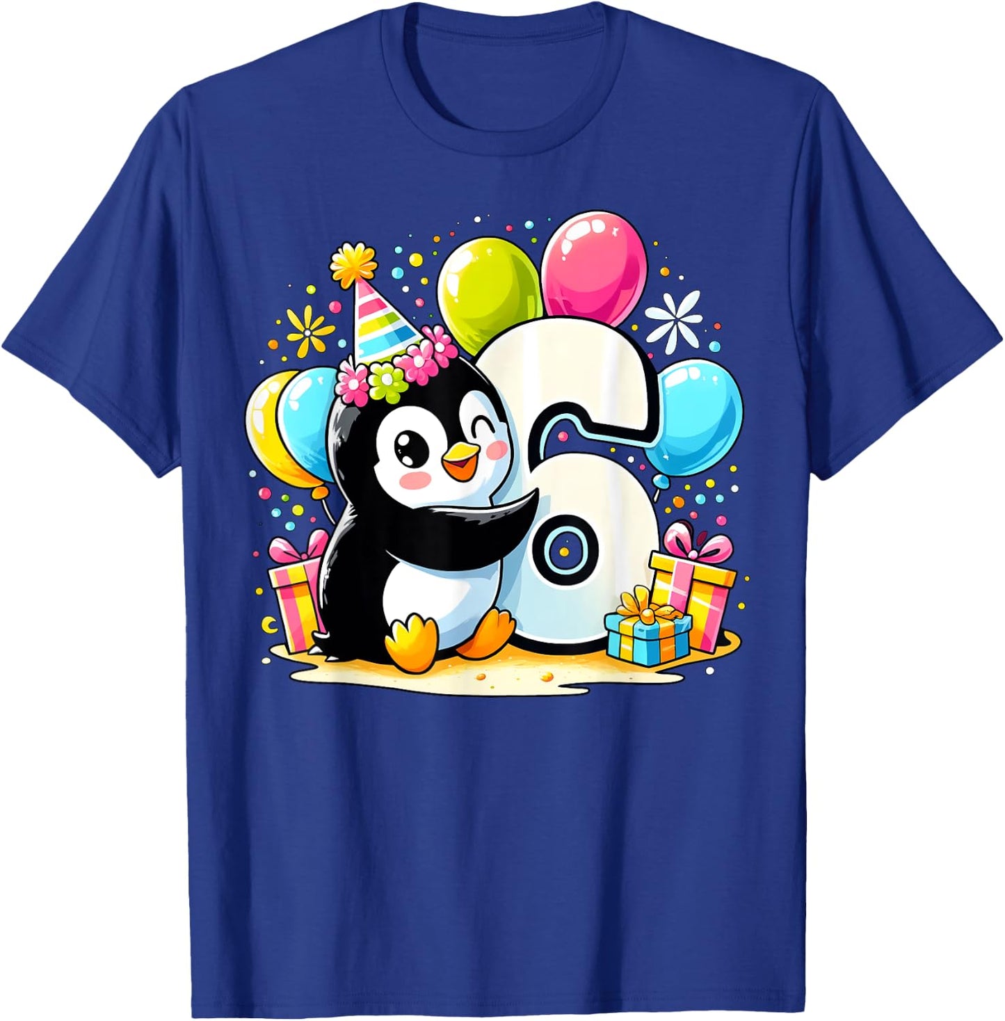Penguin 6th birthday boy girl 6 years old sixth six Penguin T-Shirt - T-Shirt | Royal