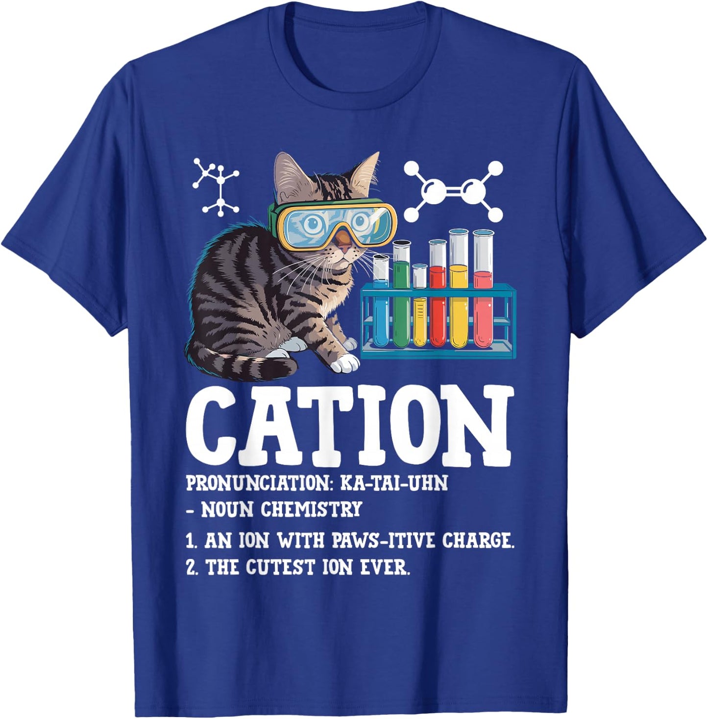 Cation Funny Chemistry Science Teacher Cat Men Women Kids T-Shirt - T-Shirt | Royal